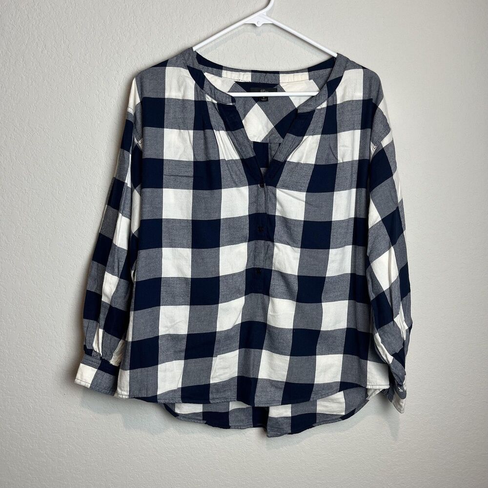 J‎ Crew Shirt Womens Small Blue White Plaid Henley Popover Long Sleeve Cotton